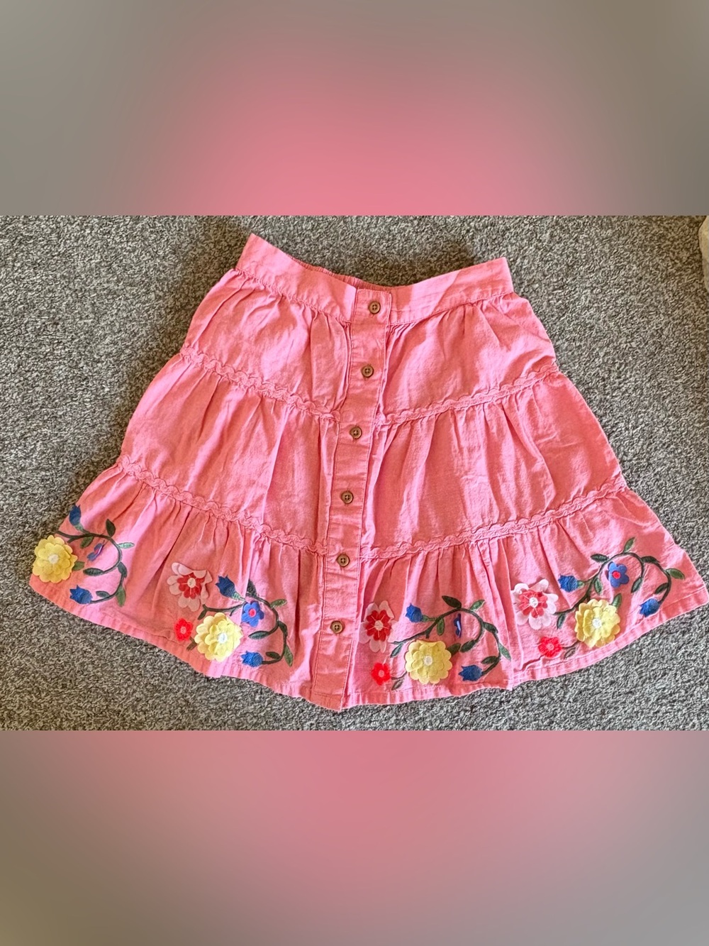 Mini Boden Pink Tiered Skirt with Floral Embroidery